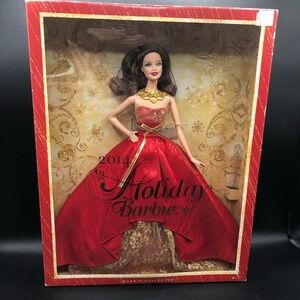 NEW. 2014 Holiday Brunette Barbie by Mattel with Stand NIB